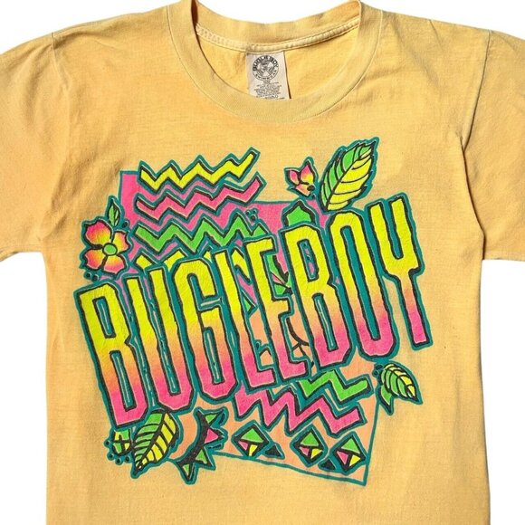 90s vintage Bugle Boy T-shirt Single Stitch Tropical Neon Pattern Sun Faded. - Picture 2 of 7
